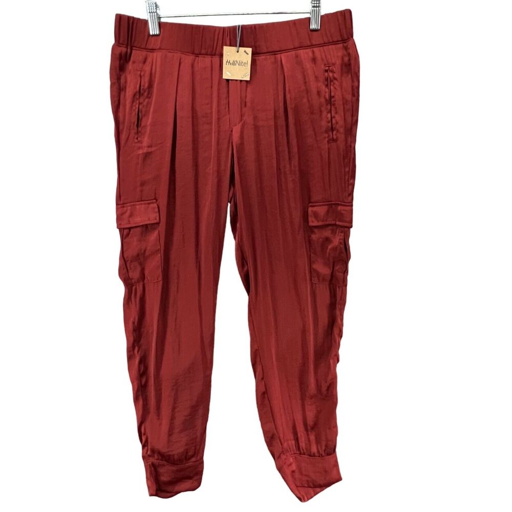 Hello Nite Satin Cargo Jogger Pants Womens S Rust Orange Pull On Pockets Utility